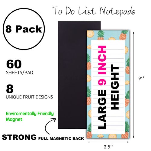 8 Large Magnetic Notepads – Notepads for Grocery List, Shopping List, To-Do List, Reminders -Strong Magnetic Back- Memo Notepad with Realistic Fruit Designs | 60 Sheets per Pad 9 x 3.5 inch (8 Pack)