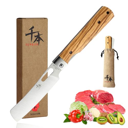 SENBON 440A ステンレススチール 良い切れ味 折畳可能携帯便利 日本スタイルシェフナイフ 菜切り 天然オリーブハンドル キャンプ旅行 BBQキッチンナイフ