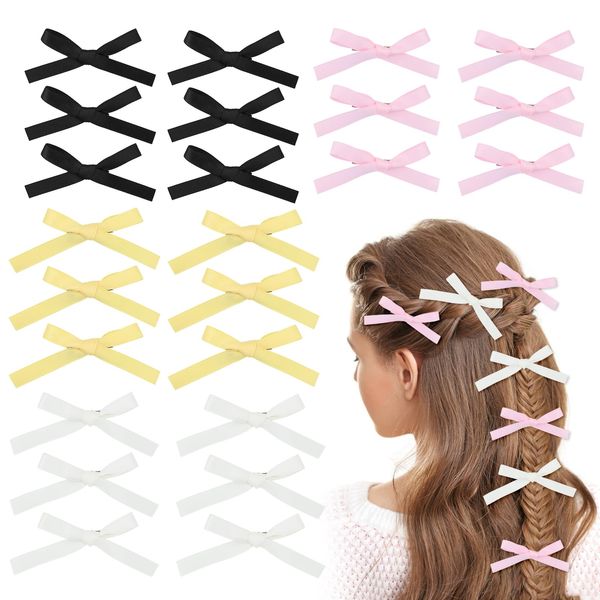 Bekecidi 24 PCS Bow Hair Clips, Ribbon Hair Bows Metal Clips Mini Bowknot Hair Barrettes Small Alligator Hair Bow Clips Hair Accessories for Women Girls Toddlers (Black, Pink, White, Yellow)