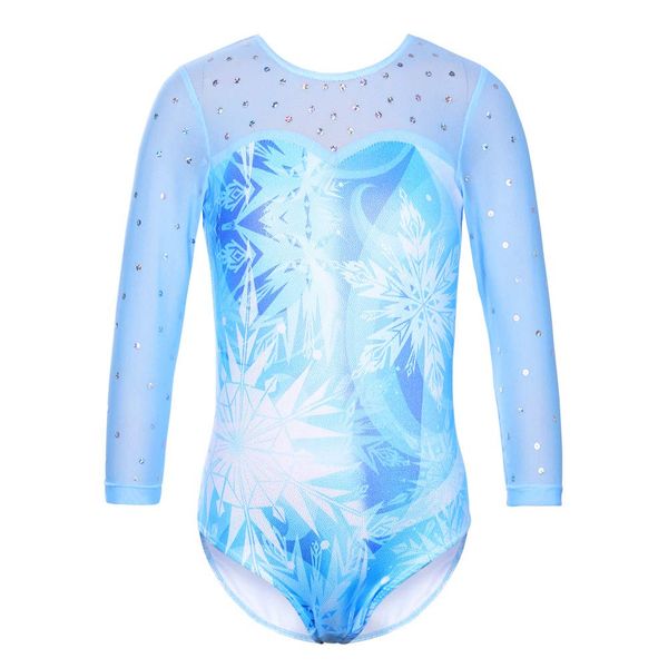 TFJH E Girls Gymnastic Leotards 3/4 Sleeve Mesh Practice Outfits size 5-6, SnowflakeBlue 6A