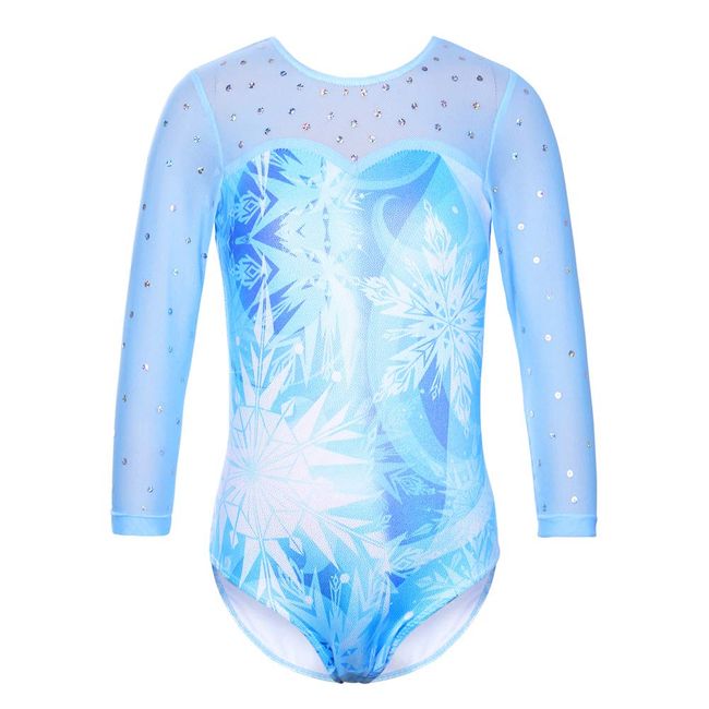 TFJH E Girls Gymnastic Leotards 3/4 Sleeve Mesh Practice Outfits size 5-6, SnowflakeBlue 6A