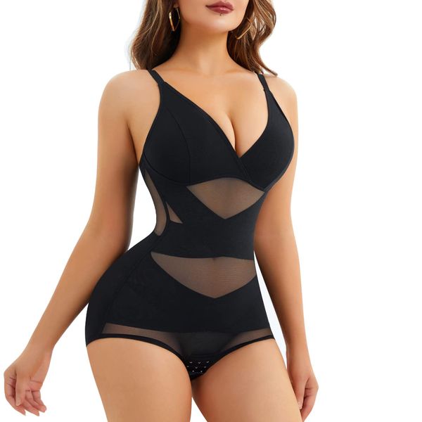 Bafully V Neck Bra Bodysuit Shapewear for Women Tummy Control Waist Trainer Full Body Shaper Butt Lifter Briefs Jumpsuit Tops (Black, XL)