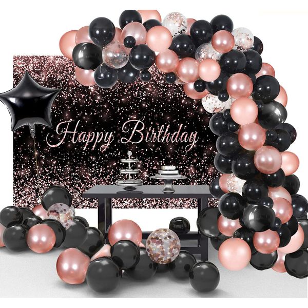 Toylin Rose Gold Black Birthday Decorations, 100 pcs Black Rose Gold Birthday Balloons Photography Backdrop Banner for Boys Girls Men Women Birthday Party Decorations Supplies