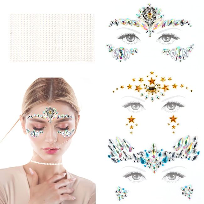 Gesicht Edelsteine, FainFun 4 Stück Gesichtsaufkleber Glitzer, Juwelen Festival Gesichts Schmuck, Gesicht Glitzersteine Selbstklebend Temporäre Tattoos Glitzersteine für Parties, Karneval Halloween