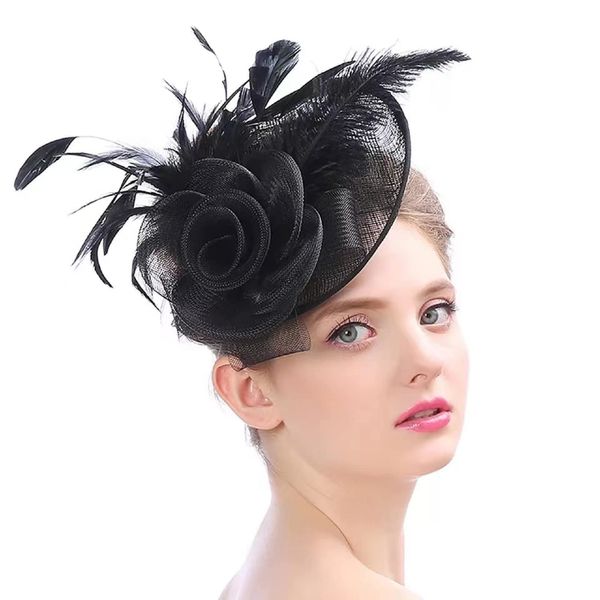 Women Ladies Fascinator Hat Feather Mesh Flower Wedding Party Hat Derby Hat with Clip and Hairband Retro Cocktail Tea Bridal Church Fascinator Head Piece Headwear Black