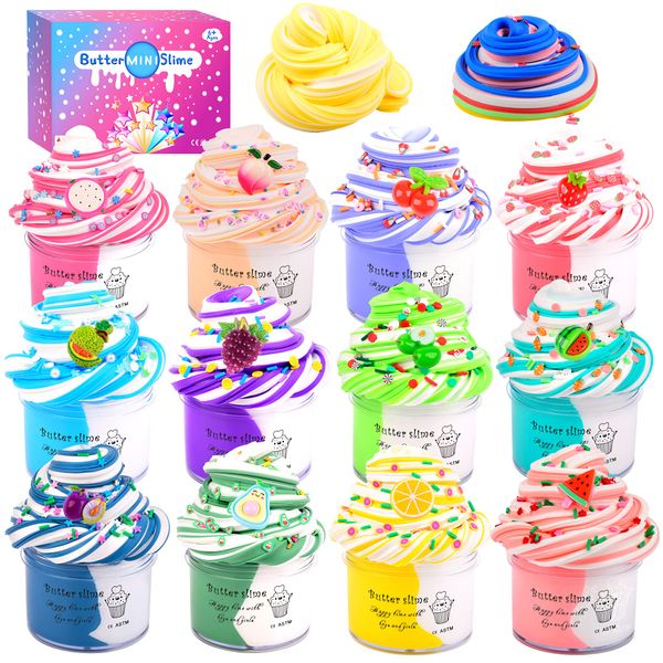 12 Pack Fruit Butter Slime Kits for Kids, with Watermelon, Lemon, Peach, Strawberry, Avocado and Cherry Charm,Cute Stuff for Girls Fragrant DIY Slime, Stress Relief Toys for Girls and Boys.