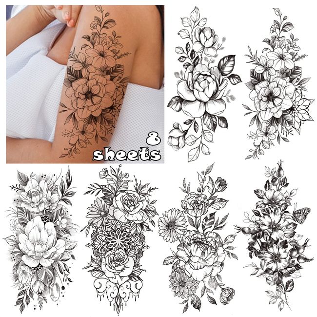 LEADTEAM Fake Tattoos, Temporäre Tattoos 3D Tattoo Aufkleber Rose Tattoo Blume Tattoo Arm Tattoo, Klebe Tattoos Erwachsene Tattoo Tatoos Aufkleben Damen Fake Tattoo Frauen Party Deko Geschenk Festival