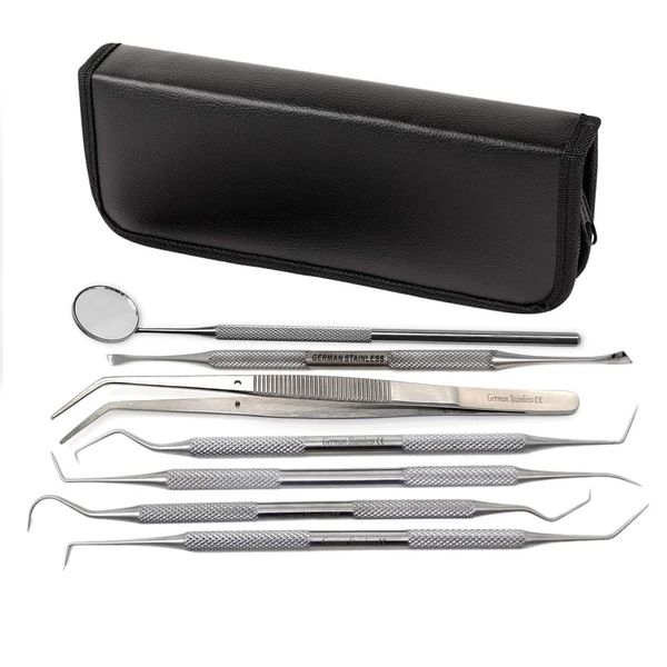 7 Pcs Oral Hygiene Kit Plaque Remover Professional Dental Picks for Teeth, Scraper, Serrated Tweezers, Mouth Mirror, Double Ended Picks for Gum Care Cleaning Set - Stainless Steel with Carrying Case