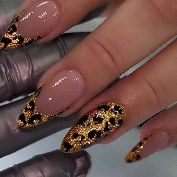 24pcs Gilding Leopard Print Cat-eye Ins press on Nails, Medium Almond Shape