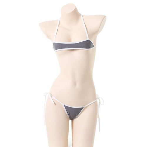 Micro Bikini, Ultra Small, Cute, Sexy, Anime, Swimsuit, Extreme, Cosplay, Cute, School Swimsuit, Wind, Lace, Underwear, Femininity, Mini Bra + Bikini T-Panties, 2-piece Set (Gray)