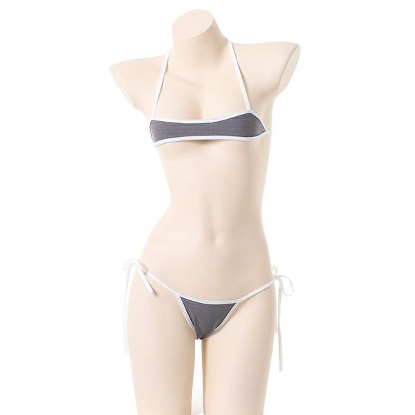 Micro Bikini, Ultra Small, Cute, Sexy, Anime, Swimsuit, Extreme, Cosplay, Cute, School Swimsuit, Wind, Lace, Underwear, Femininity, Mini Bra + Bikini T-Panties, 2-piece Set (Gray)