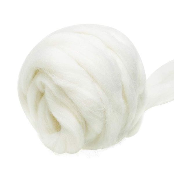 3.53oz Wool Roving Yarn, Fiber Roving Wool Top, Wool Felting Supplies, Pure Wool, Chunky Yarn, Spinning Wool Roving for Needle Felting Wet Felting DIY Hand Spinning (White)