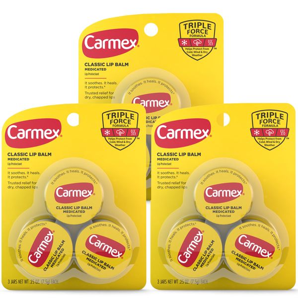 Carmex Classic Medicated Lip Balm Jars, Lip Moisturizer for Chapped Lips, 9 Count (3 Packs of 3)