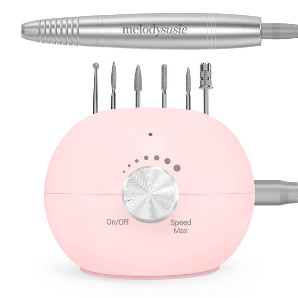 MELODYSUSIE Nail Drill Machine 25000RPM Professional Low Noise Electric Nail Files Manicure and Pedicure Set with Crystal Glass Nail File and 56 Sanding Bands (Standard, Pink-25000RPM)