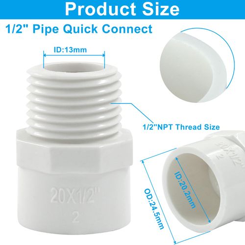 Zorveiio 10 Pcs White PVC Male Adapter, 1/2 Inch Schedule 40 Socket x NPT Male Thread Pipe Fitting Connector, Pipe Thread for Plumbing Water Line.
