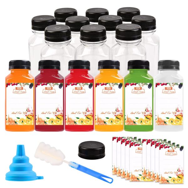 V·Colokishi 10pcs 8oz Empty Plastic Bottles with Black Lids, Plastic Juice & Smoothie Drink Bottles, 8 Ounce Reusable Clear Drink Beverage Containers for Mini Fridge, Juicer Shots, Small Water, Milk