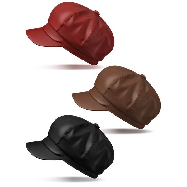 3 Pcs Women Newsboy Hats PU Leather Visor Beret Cabbie Hat 8 Panel Vintage Women Fiddler Cap Faux Leather Baker Boy Hat Painter Gatsby Cap(Khaki, Red, Black)