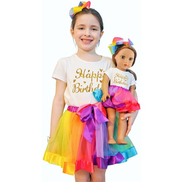 ZITA ELEMENT Rainbow Clothes and Hair Accessories for 18 Inch Girl Doll Matching Girls Outfits - 2 Cotton Shirts, 2 Rainbow Tutu Skirts and 2 Bow Hair Clips for Kid Girl Birthday Gift.