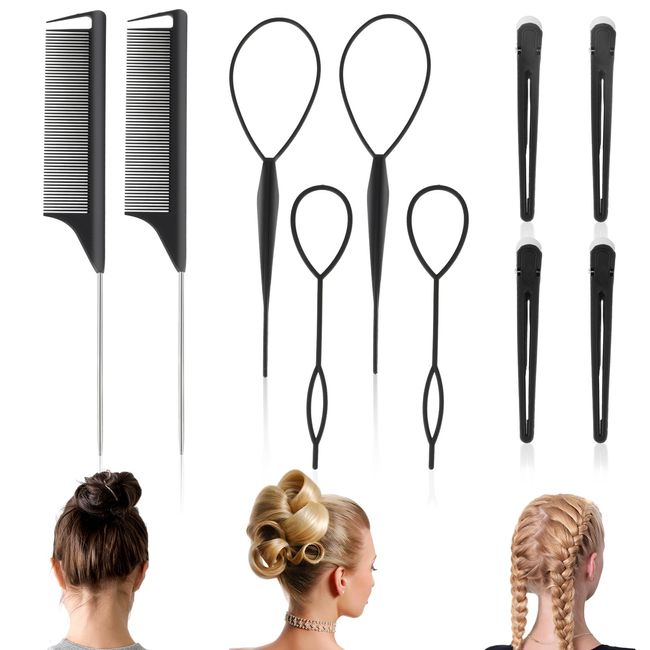 10 teiliges topsy tail,frisurenhilfe,Haar Styling Kamm Set, Haarschwanz Werkzeug und Rattenschwanzkamm,haare stylen mit Metall stift,4 schwarzen Haarnadeln und 4 französischen Zopf Werkzeug