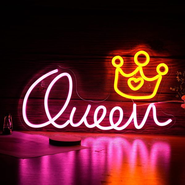 Queen Neon Sign Letter LED Neon Lights Dimmable USB Powered 16.5’’X9.3’’Cool Wall Decorative Light Bedroom Kids Room Birthday Party Decoration Gifts for Children（Pink Yellow）