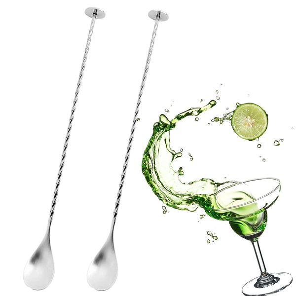 HJUWANG 2 Pack Bar Long Handle Spoons Stainless Steel Bartender Mixing Spoon Cocktail Shaker Spoon with Spiral Pattern