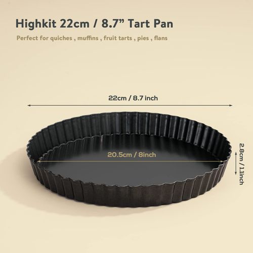 Highkit Quiche Pan 22cm / 8.7inch, Non-Stick Tart Tin, Flan Tins with Loose Base, Tart Pan for Baking, Quiches, Flans, Fluted Round Quiche Tart Pan, Pie Pan, Quiche Dish, Carbon Steel,Dark Grey