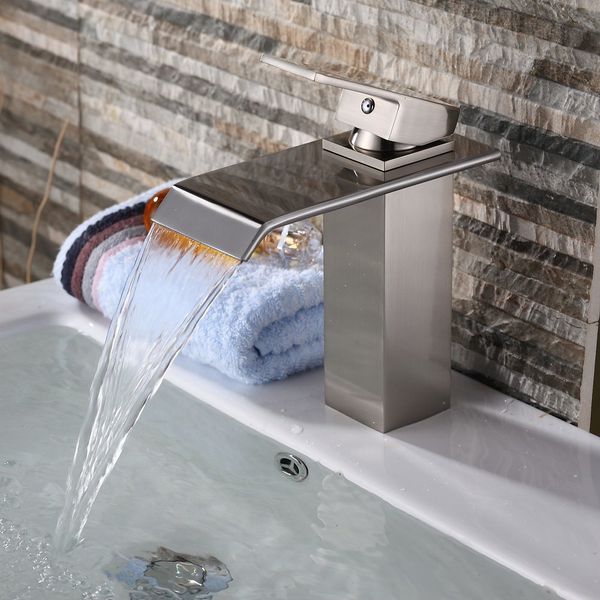 Bathroom Faucet Brushed Nickel Waterfall Wide Rectangular Spout Single Handle One Hole Deck Mount