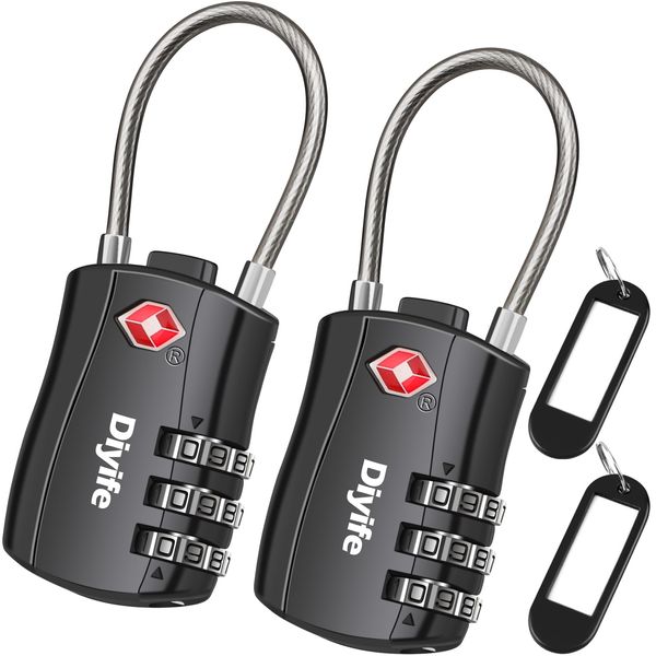 TSA Luggage Locks, [ Zinc Alloy Version][2 Pcs] Diyife TSA Approved Luggage Lock 3-Digit Re-settable Combination Lock, Code Lock for Travel Suitcase Luggage Bag Lockers (Black)