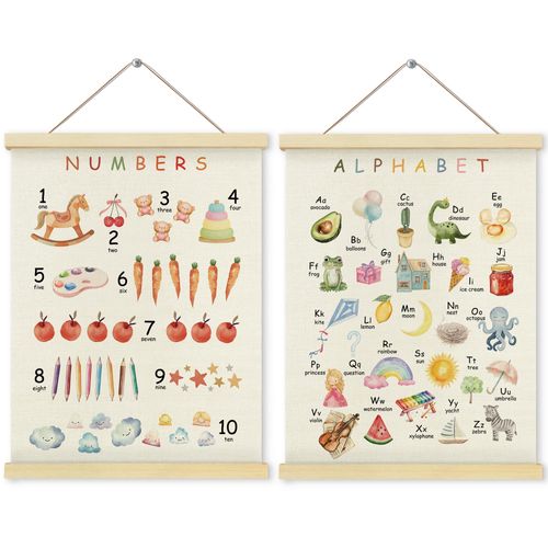 Shrago Numbers Alphabet Nursery Wall Art, Numbers 1-10 Letters ABC Educational Poster Hanger Frame, Classroom Toddler Kids Nursery Bedroom Playroom Wall Decor, 12x16 Inch Set of 2