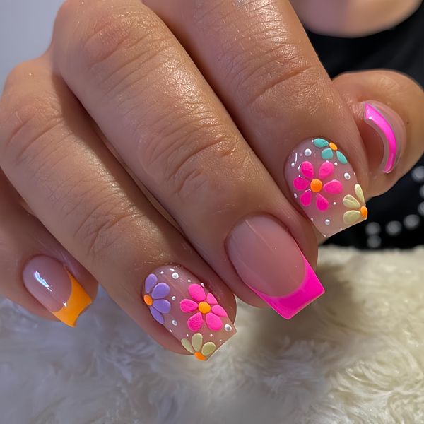 Flower Press on Nails Medium Square Pink Orange French Tip Fake Nails Pink Flower Spring Summer Press on Nails for Women Acrylic Manicure Art False Nails Glue on Nails Kit 24Pcs