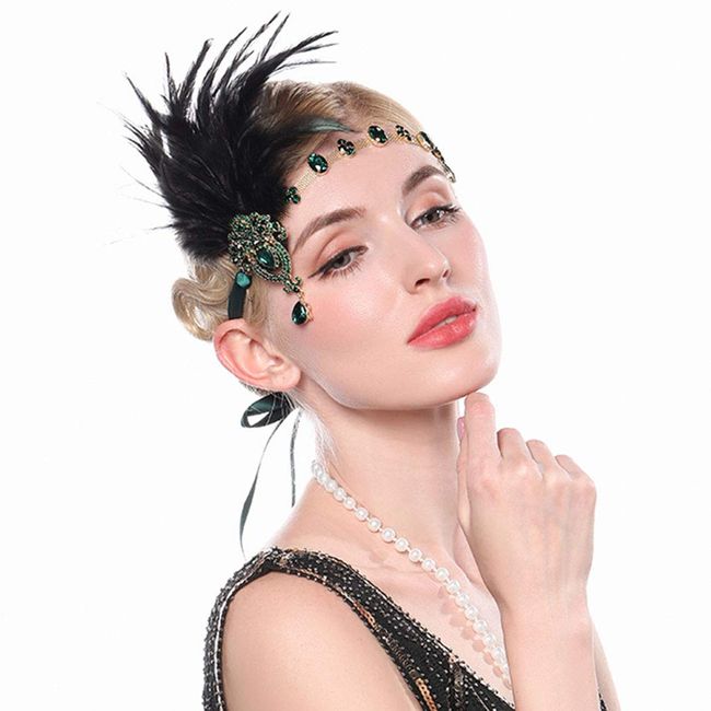 Asooll Vintage Flapper Headband Roaring 20s Elastic Gatsby Green Crystal Headpiece Feather Showgirl Prom Hair Accessories for Women and Girls