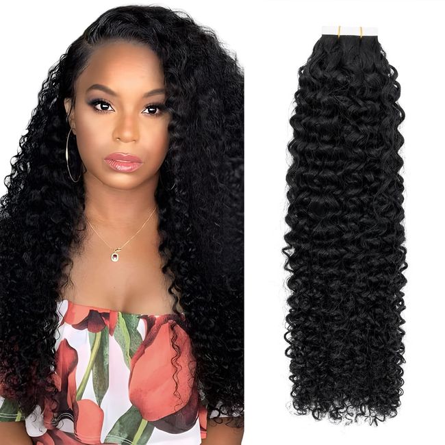 Elailite Tape in Extensions Echthaar, Kinky Curly Afro Tape Extensions Echthaar, Haarverlängerung Echthaar Extensions Tape, 55cm 50g #1B Natürliches Schwarz