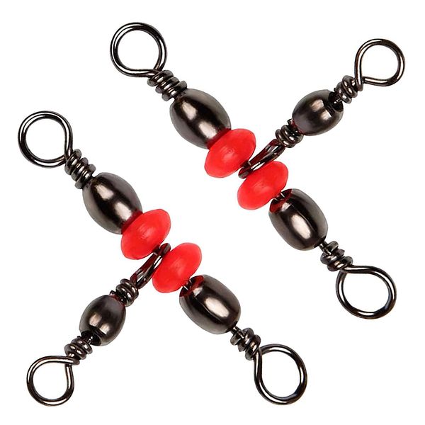 SILANON 3 Way T-Turn Barrel Swivels Fishing Tackle,40pcs Brass Barrel Triple Swivel Cross Line 3 Way Barrel Fishing Connector with Red Fishing Beads for Freshwater Saltwater Test 20-100LB