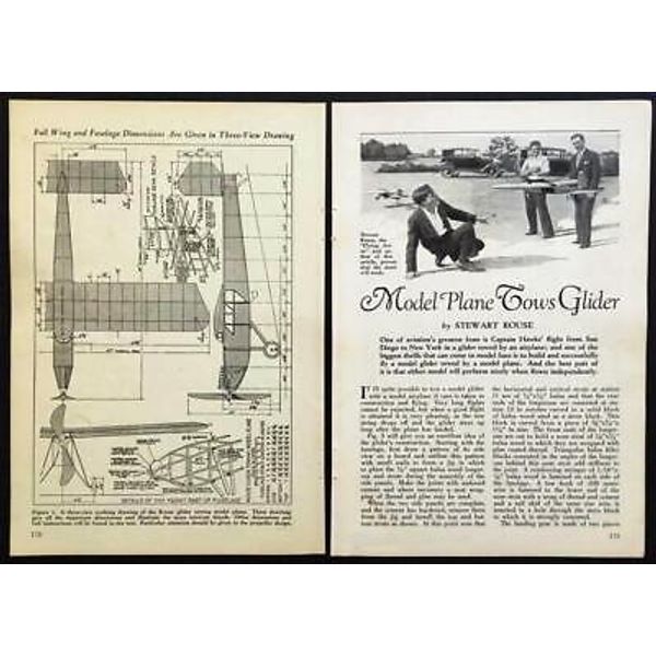 “Model Plane Tows Glider” Stewart Rouse 1931 HowTo Build PLANS Rubber powered