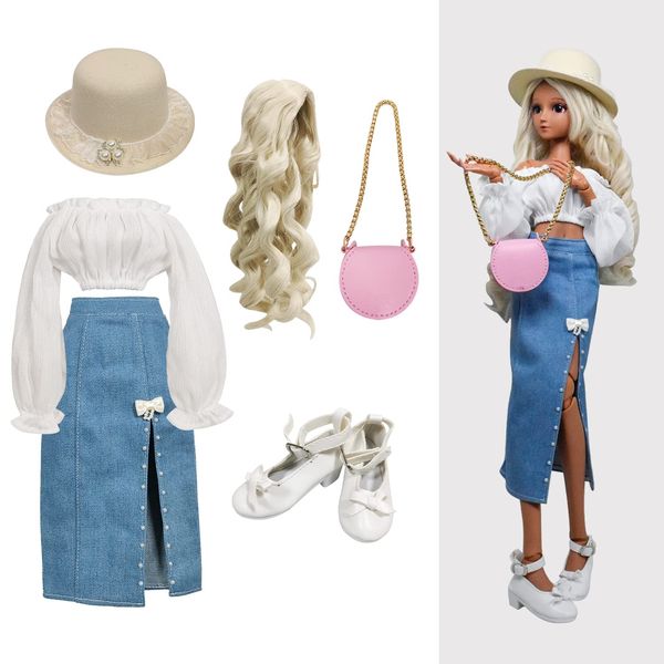 Proudoll 1/3 BJD Doll Clothes Outfit Set - Handcrafted Stylish Denim Skirt, Hat, Blouse, Wig, Leather Bag & Shoes, Compatible with 1/3 60cm 24in SD Dolls