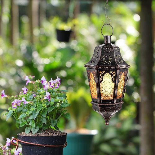 DECORKEY Moroccan Lantern Decorative Indoor & Outdoor, 13.6’’ Vintage Decorative Hanging Lanterns with Chian for Home Porch Patio Decor, Metal Ramadan Christmas Candle Holder Decorations (Amber)
