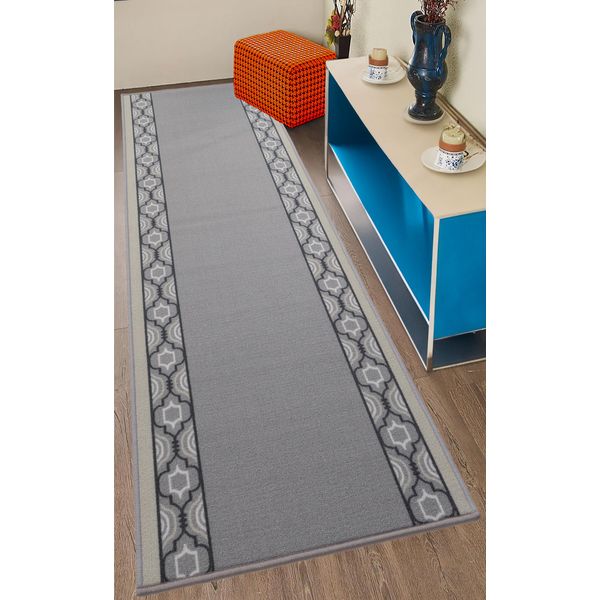 Custom Size Non Slip Washable Trellis Bordered Grey Design Runner Rug (Grey, 26" x 15')
