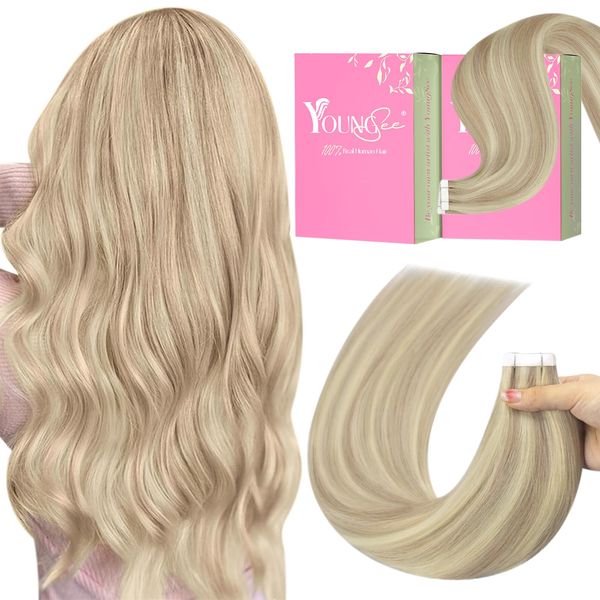 YoungSee Tape in Extensions Echthaar Blond 35cm Tape Extensions Aschblond mit Platinblond Tape Echthaar Extensions Invisible Tape Extensions Echthaar Remy Tape in Hair Extensions 50g 20pcs #18/613