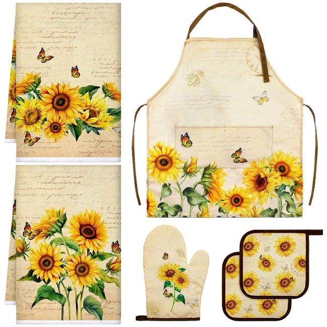 Bencailor 6 Pcs Kitchen Towels Oven Mitt and Pot Holder Apron Set Sunflower Flower Mushroom Kitchen Decor Gifts(Sunflower)