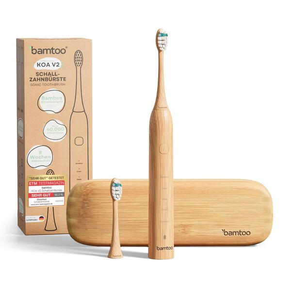bamtoo® KOA V2 Electric Sonic Toothbrush with Travel Case, Sustainable Toothbrush for First Class Cleaning, Includes 2 Bamboo Brush Heads, 8 Weeks Battery Life