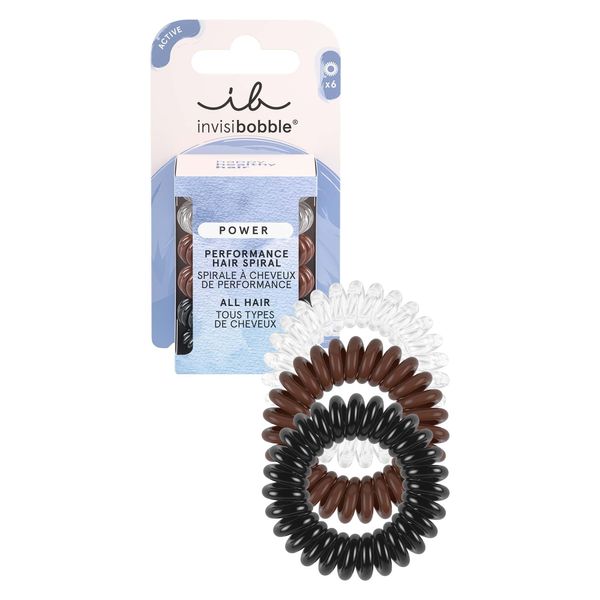 invisibobble Power 6 x Haargummis Spirale transparent schwarz braun, Haargummis Set Damen & Herren, Ohne Ziepen, Spiralhaargummi Starker Halt, 6 Stück