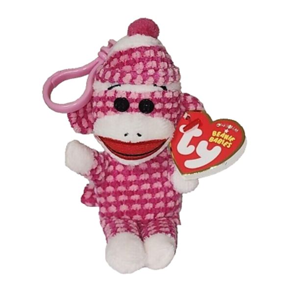 Ty Beanie Baby SOCKS Pink Quilted Sock Monkey Key Clip 5.5" NEW MWMTs Plush Toy