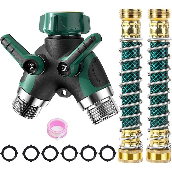 KLMNDUO Garden Hose Splitter 2 Way Heavy Duty, 3/4" Water Splitter Y Way Connector 2 Valves Rubberized Grip with 2 Kink Free Faucet Extension Hose Protector 6 Rubber Washers