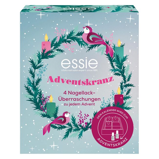 essie Adventskranz 2022 für Nagellack Liebhaber, Mini Weihnachtskalender hinter 4 Türchen, Beauty Adventskalender, Überraschungen zur Maniküre und Nagelpflege, 4 Artikel für Makeup- und Kosmetik-Fans