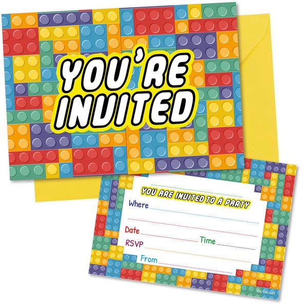 (Pack of 12) Building Block Birthday Party Invitations with Bright Yellow Envelopes