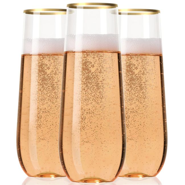 30 Plastic Stemless Champagne Flutes - Disposable Unbreakable 9 Oz toasting glasses, With Gold rim | Reusable, Clear, Fancy & Shatterproof Champagne Glasses - Ideal for Weddings, Birthdays, Parties