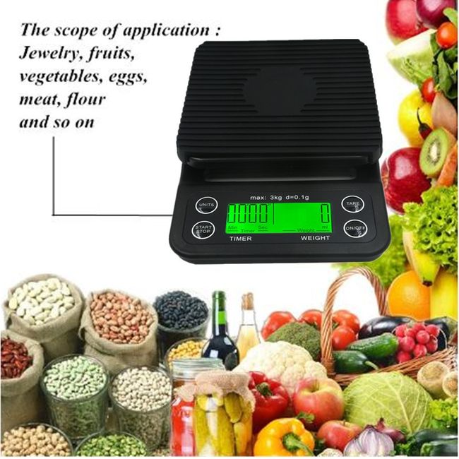 Digital Kitchen Scale Food Scale Coffee Scale with Timer and Tare 3kg/0.1g Accurate Electric Kitchen Scale with L LCD 5 Units, Black
