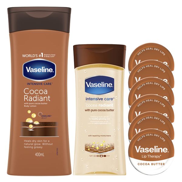 Vaseline Cocoa Bundle: Set Contains Vaseline Cocoa Radiant Body Lotion 400ml, Vaseline Cocoa Radiant Body Gel Oil 200ml and 6 Tins of Vaseline Lip Therapy With Cocoa Butter Petroleum Jelly 20g