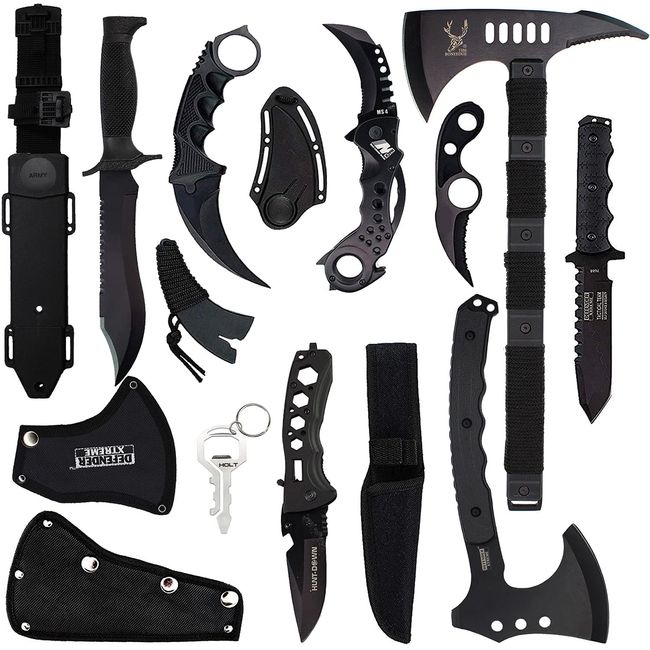 6 PC Black Tactical Set Karambit Throwing Knives Axe Hunting Knife