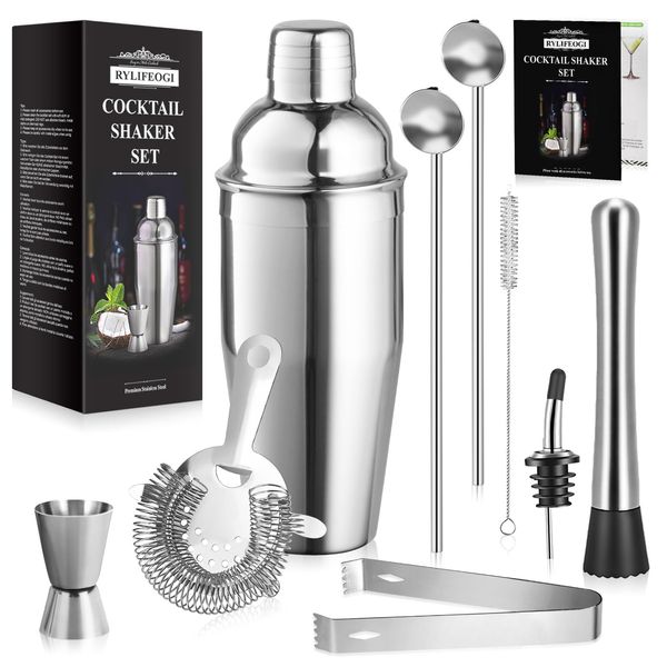 RYLIFEOGI Cocktail Shaker Set, 10Pcs Cocktail Making Kit Stainless Steel Professional Bartender Kit with 750ML Shaker for Bar, Home, Party, Him, Her